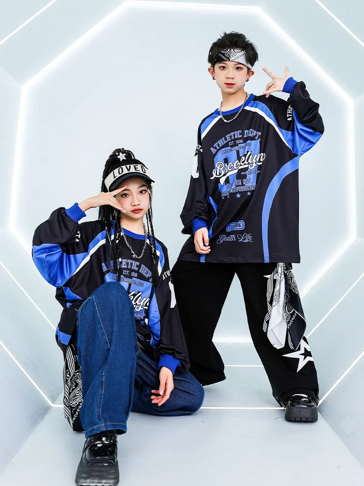 Street Dance Pants Boys Hip Hop Jeans Clothes Sets Kids Jazz Costume Girls K-pop Blue-Black Contrast Sweatshirt