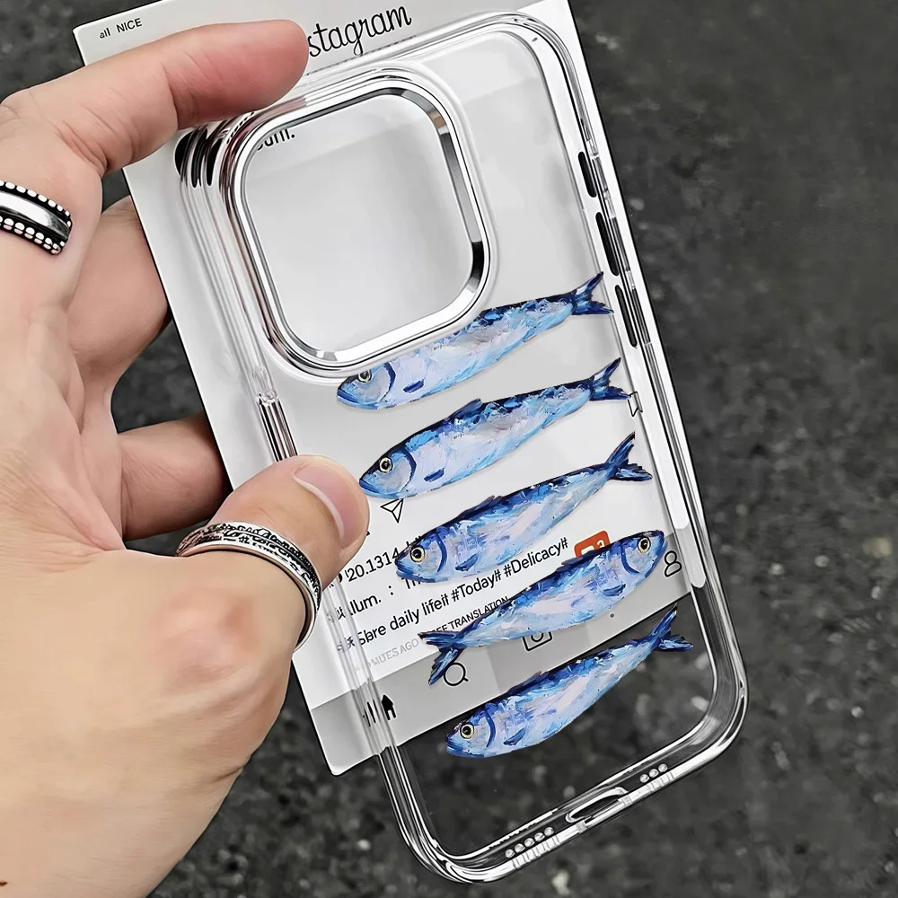 Funda de teléfono con láser de sardinas y peces divertidos para IPhone 17 16e 16 15 14 13 12 11 Mini Pro Max X XR XSMAX 8 7 Air Plus cubierta transparente