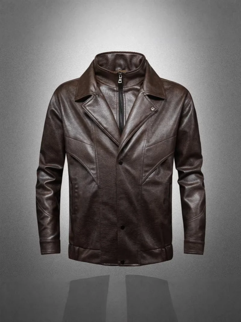 Men's European Style Reversed-Collar Leather Jacket Slim-Fit Casual Fashionable Motorcycle Coat Trendy Spring/Autumn New Arrival