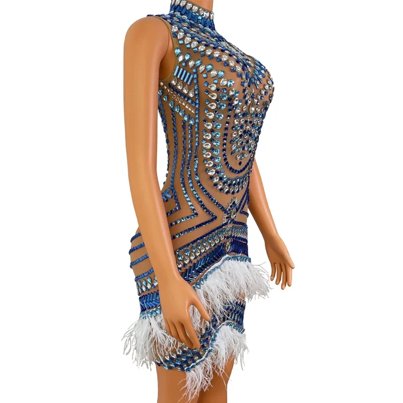 Robe de soirée pour femmes, strass colorés, plumes, robe de célébration d'anniversaire, robes de soirée, Costume de Festival, tenue XS6637