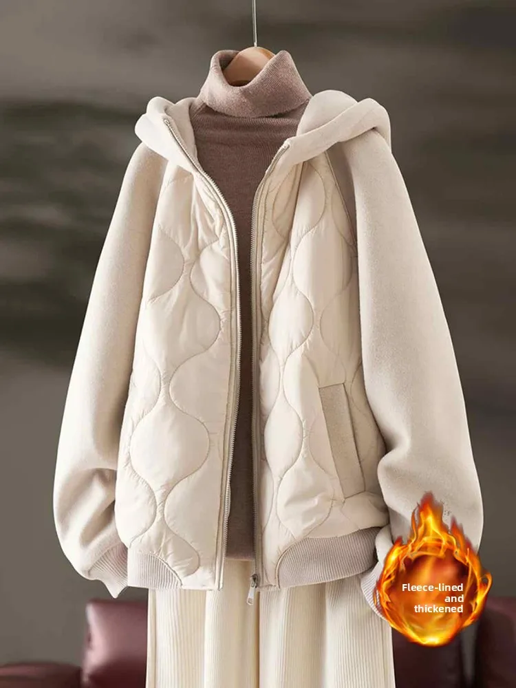 Korean Style Elegant Patchwork Fleece Hooded Jacket Women's 2026 Autumn Winter Cotton Warmth Youthful Top Zipper Closure Long...