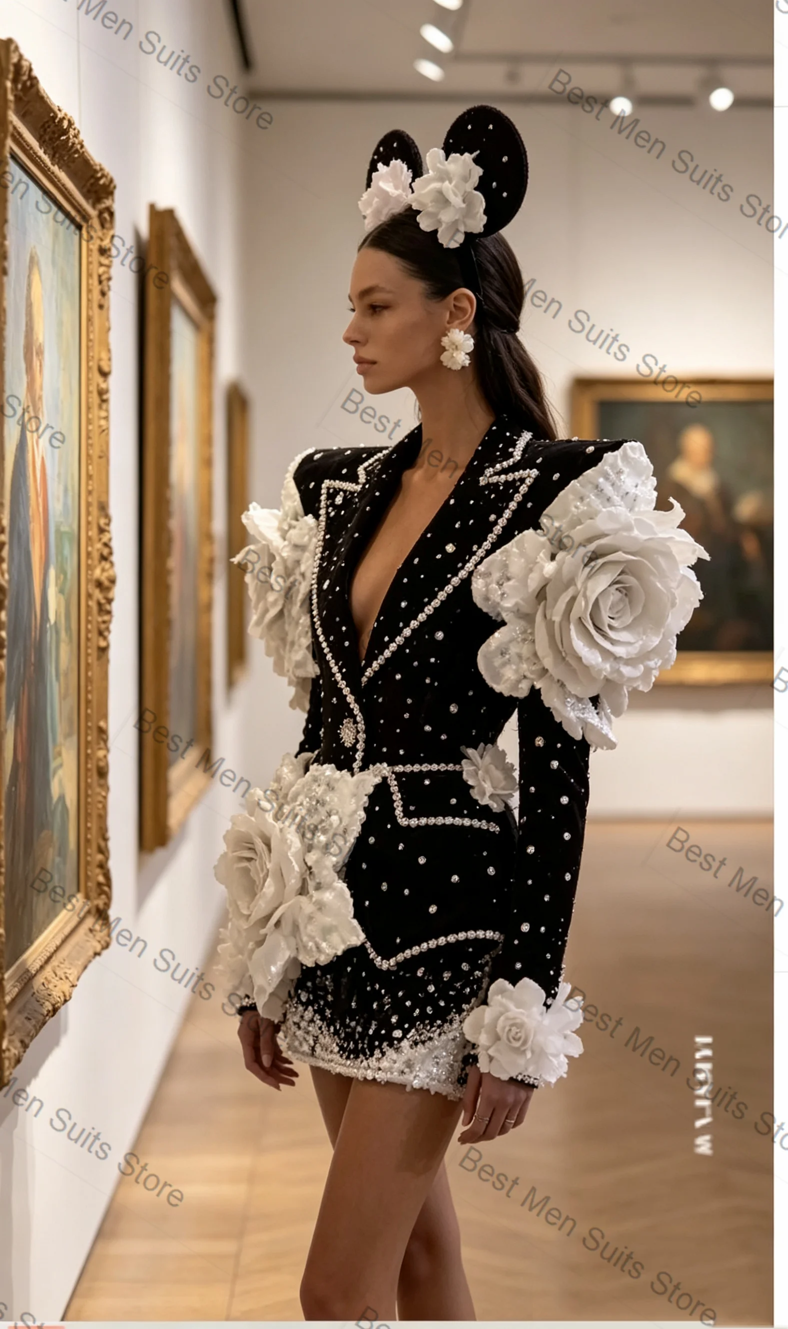 Luxury Pearls Women Suit Set 2 Pcs Blazer+Prom Dress 3D Flower Formal Office Lady Jacket Customized Wedding Coat(NO Back Pearls)