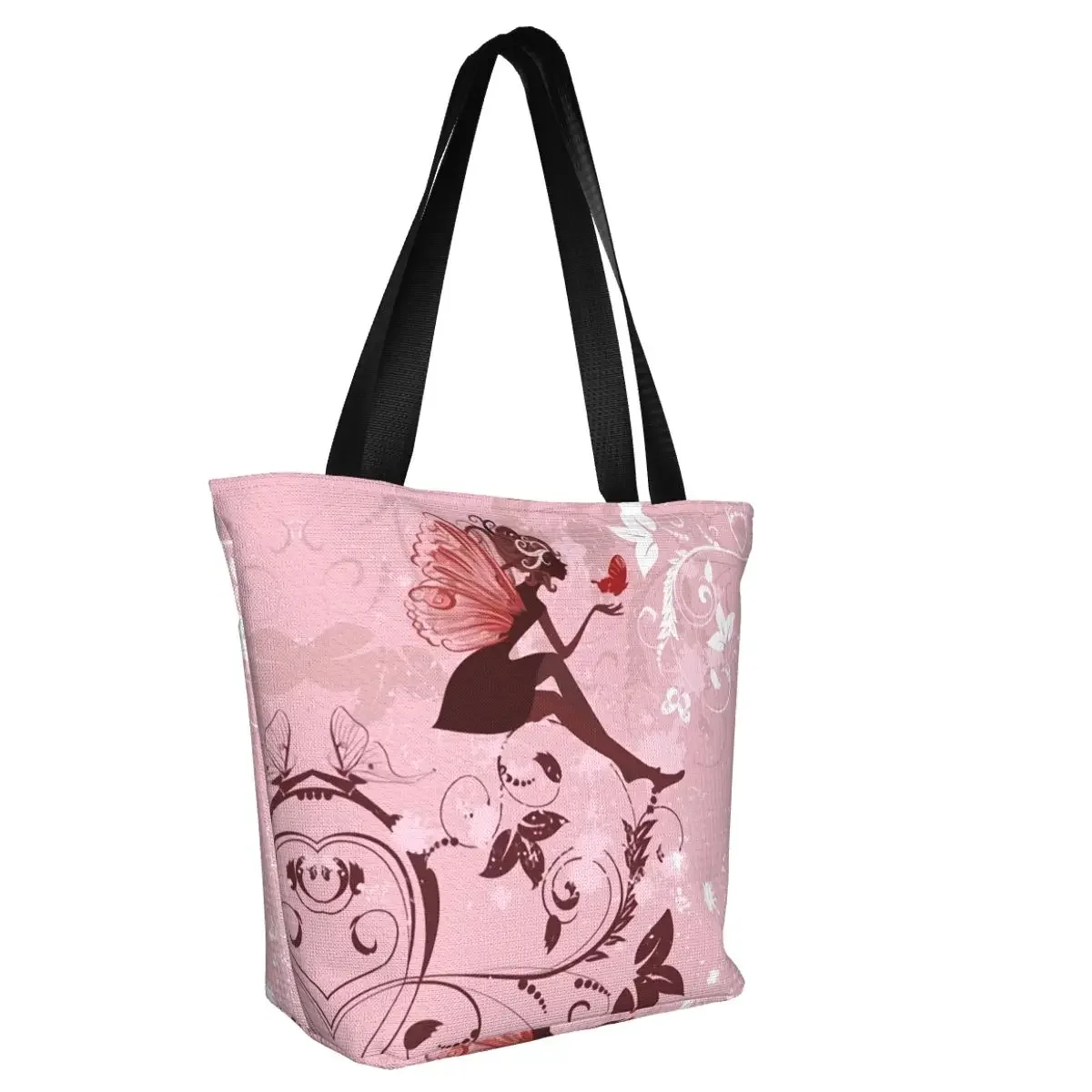 Kawaii Printing Floral Fairy With Butterflies Shopping Tote Bags Washable Canvas Shoulder Shopper Flower Handbag