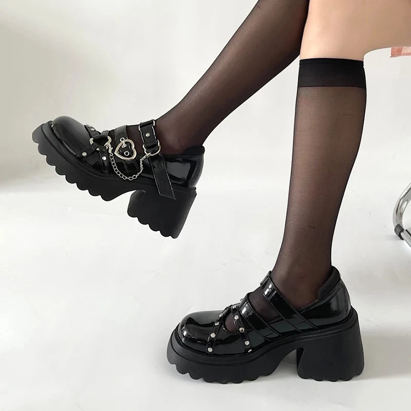 Sweet Lolita Shoes Platform Round Head Thick Heel Cross Bandage Women Shoes Kawaii Shoes Cosplay Mary Jane Shoes Heart Buckle