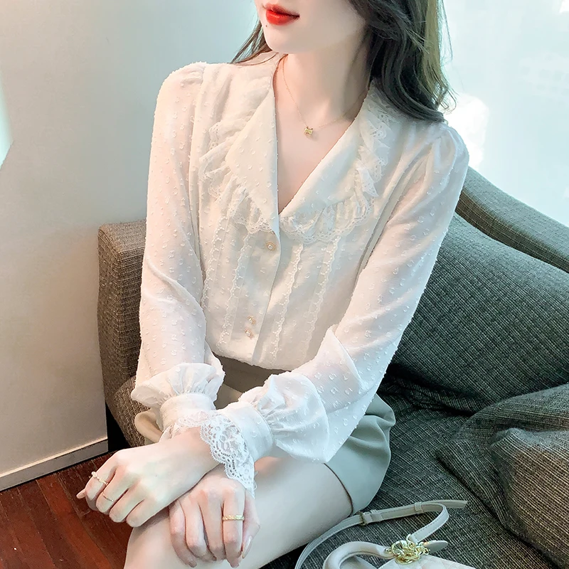 QOERLIN Lapel Collar Single-Breasted Lace Shirts Women Autumn Spring Long Sleeve Flare Sleeve Blouse Buttons Tops Shirts Female