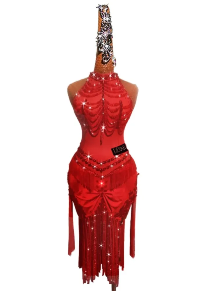 New Summer Performance Dress Competition Red Sleeveless Slim Fitting Sexy Dance Skirt