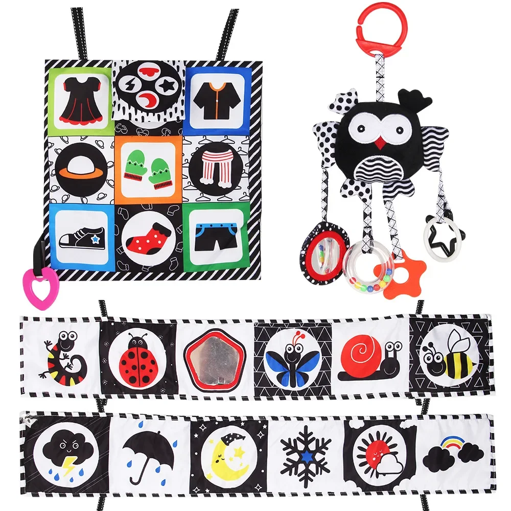 Libro di stoffa per bambini 0-3 mesi Giocattoli per bambini Giocattoli sensoriali ad alto contrasto in bianco e nero Educazione precoce Libro di attività in tessuto per bambini