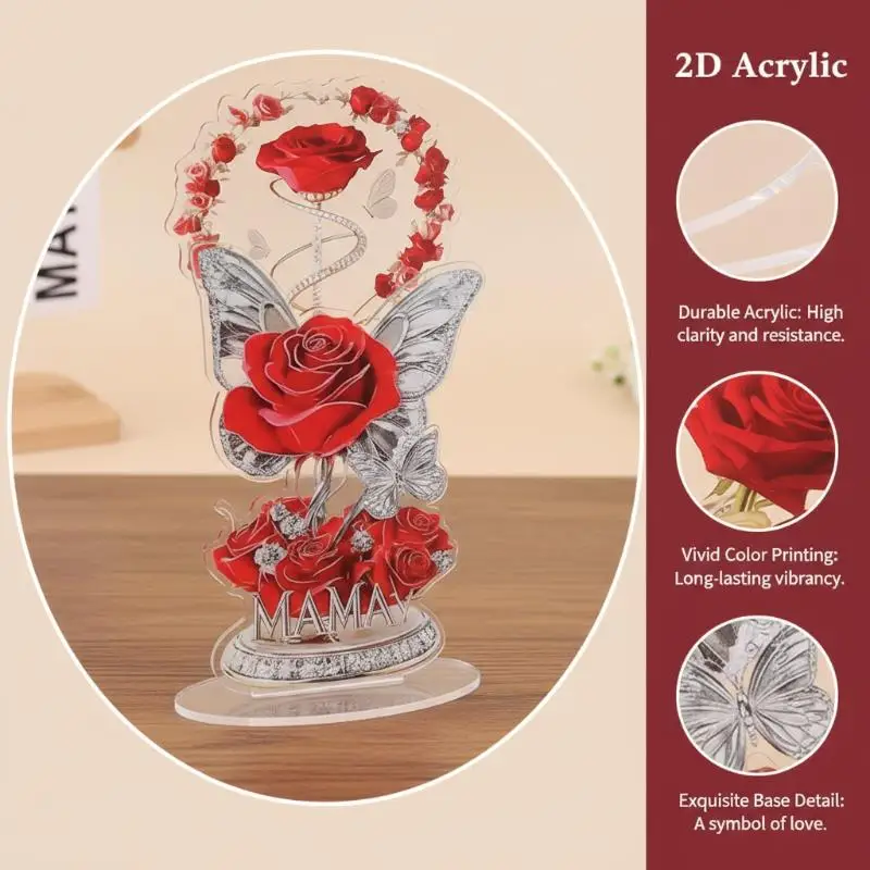 

2D акриловое украшение: красная роза с надписью «МАМА», элегантный настольный декор, подарок от ребенка маме
