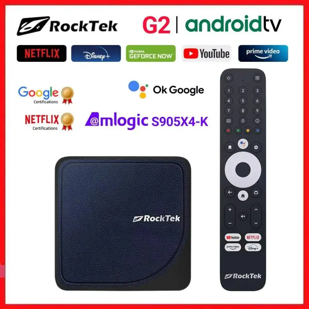 Amlogic S905X4-K Media Player RockTek G2 4K TV Box Android 12.0 ATV Stream Netflix Google Certified DTS Dolby Audio Vision ATMOS