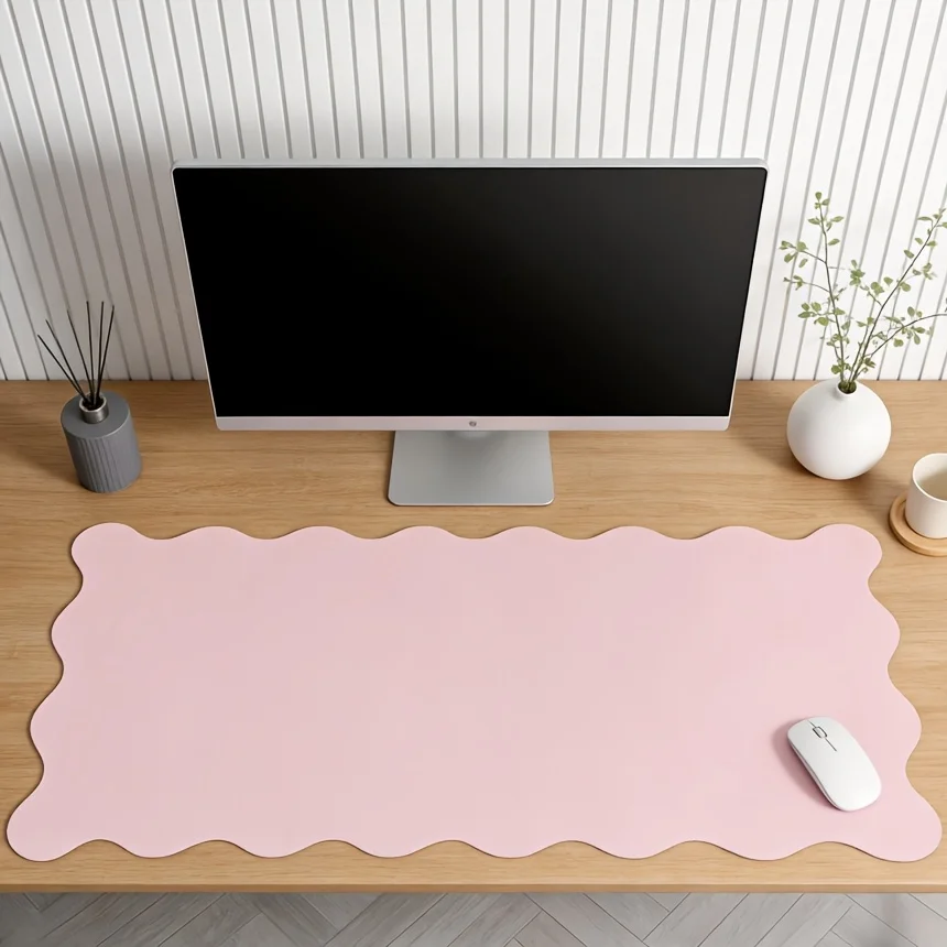 1Pc Ultra Thin Leather Desk Pad, Extra Large Scalloped Edge Non Slip Desktop Cover,Cute Keyboard Mat for HomeOfficeGamingRoom