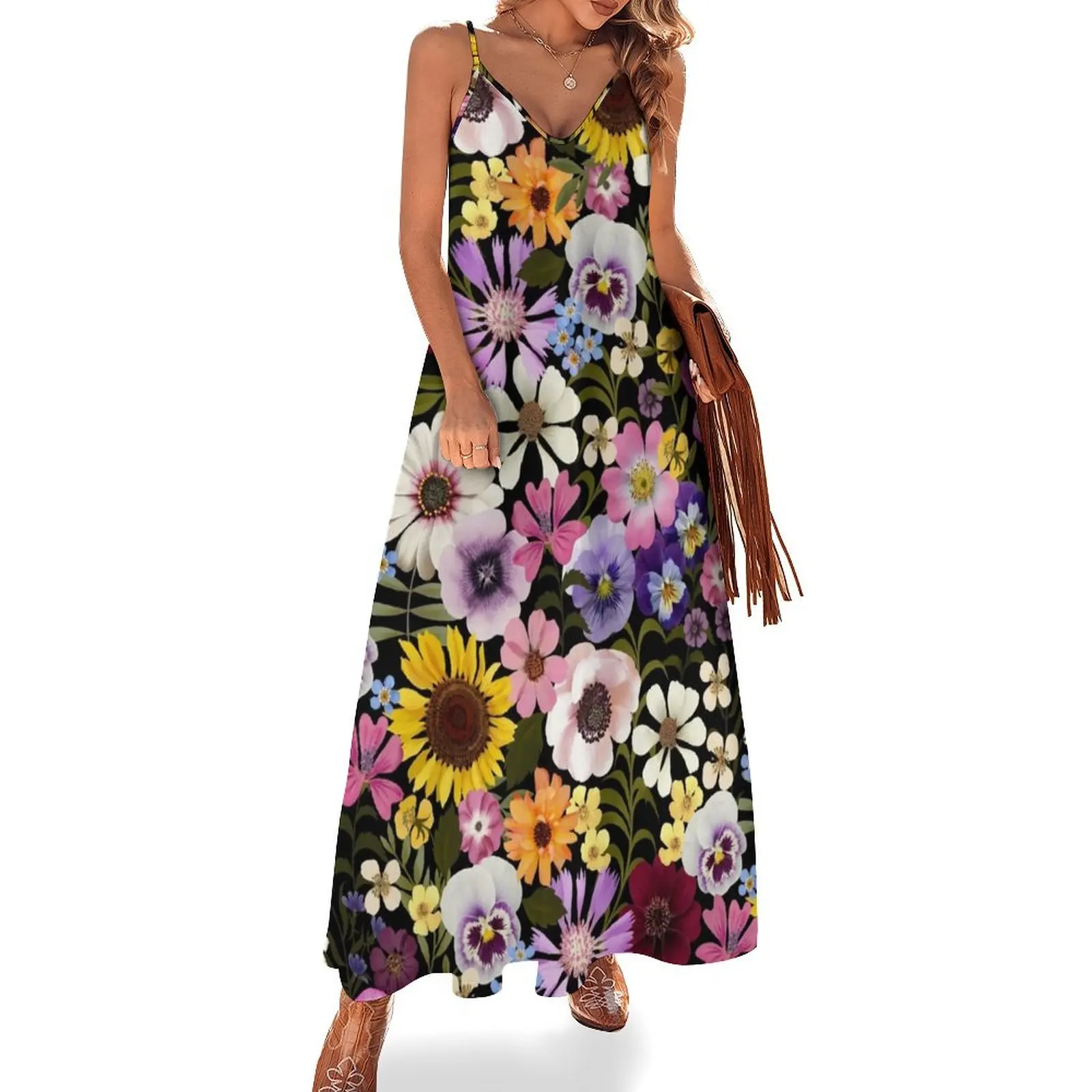 

Spring Garden Party floral -black Sleeveless Dress wedding dresses for woman luxury woman party dress evening dresses women