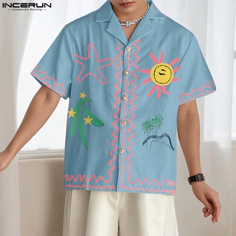 

INCERUN Men Shirt Printing Lapel Short Sleeve Summer Casual Male Shirts Tops Streetwear Vacation Loose Fashion Men's Clothing