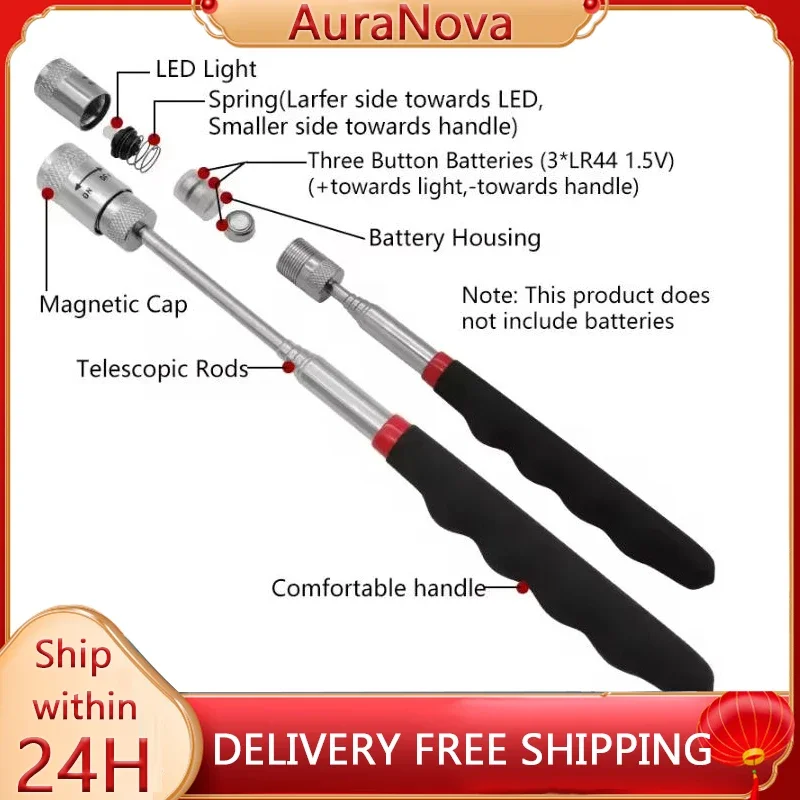Telescopic Magnetic Pen with LED Light Extendable Pickup Rod Mini Portable Magnet Tool for Screws Nuts Bolts Metal Parts