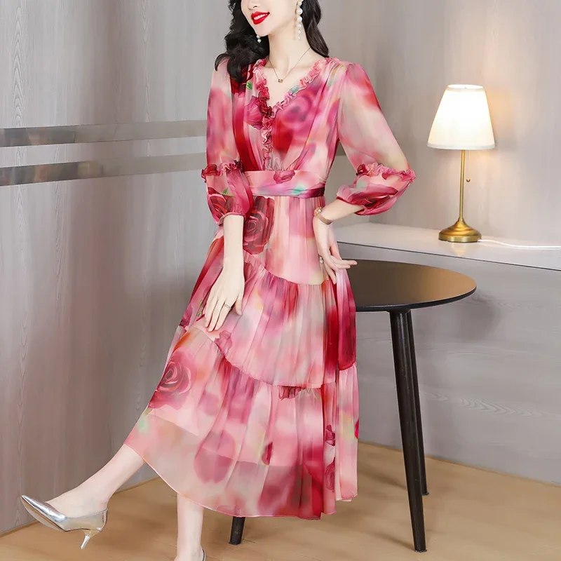 Damen Vintage Elegantes Abendkleid Frühling Urlaub Boho Hepburn Vessios Sommer Luxus Seide Blumen Lässig Midi XQ324