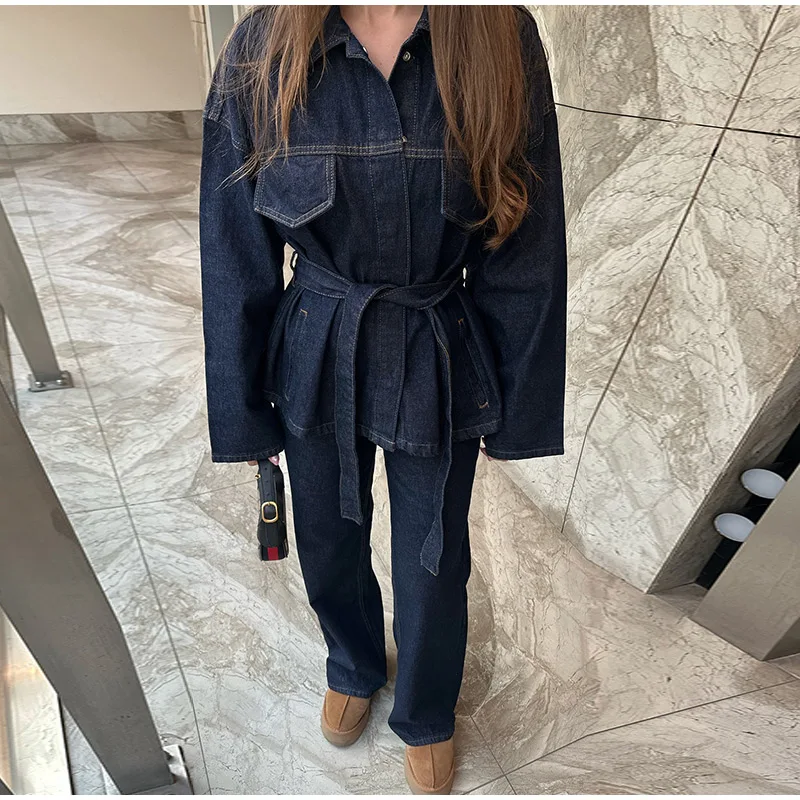 Zweiteiliges Vintage-Jeans-Set für Damen, einreihig, Reversgürtel, Jacke, passende Jeans mit hoher Taille und geradem Bein, lässiges tägliches Outfit – Detail 14