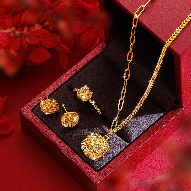 9999 Real Gold 24K Niche Design High Sense Geometric Brushed Small Sugar Cube Necklace Ring Stud Earrings Three-piece Set Women