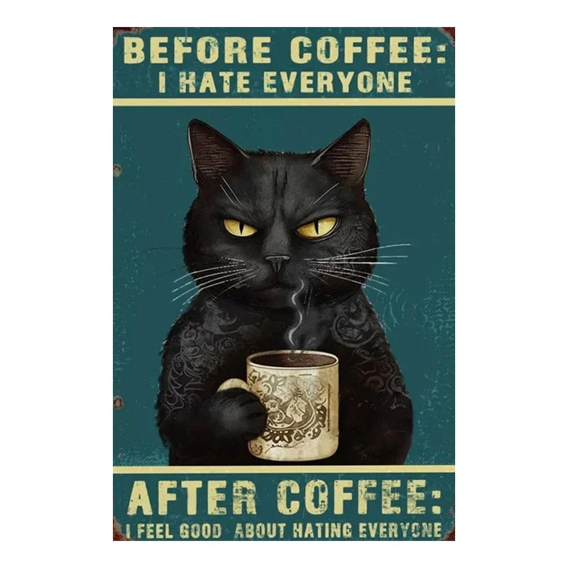 Fun Coffee Bar Sign Retro Cat Wall Art Decoration Black Cat Cafe Home Bar Wall Decoration Poster Aluminum Production