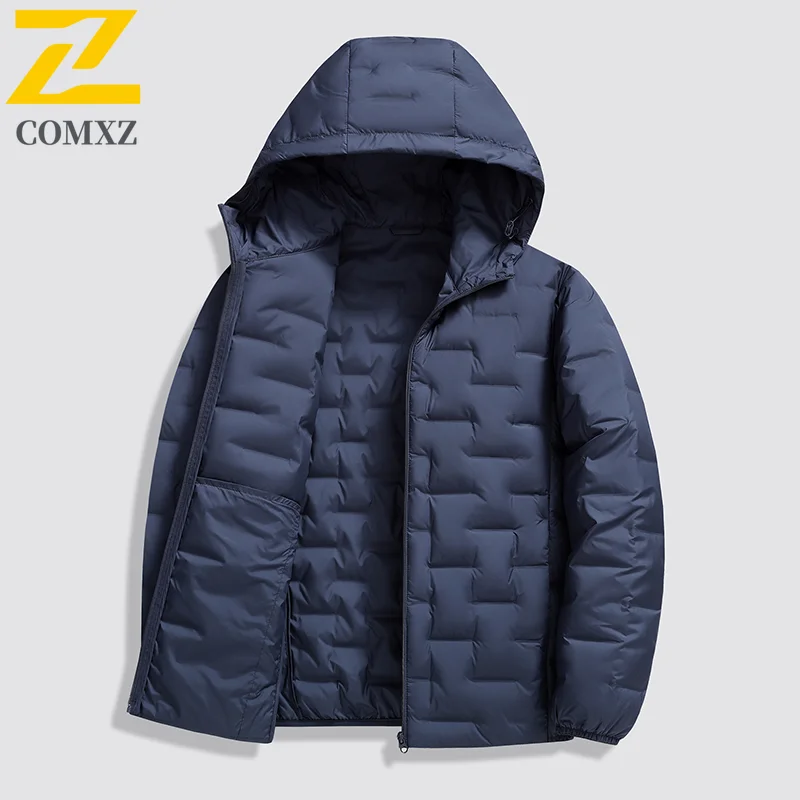 COMXZ Mens Short Down Jacket Ultra Light Outdoor Work Cold Resistant Puffer Jackets Hooded Business Casual Warm Winter Coat