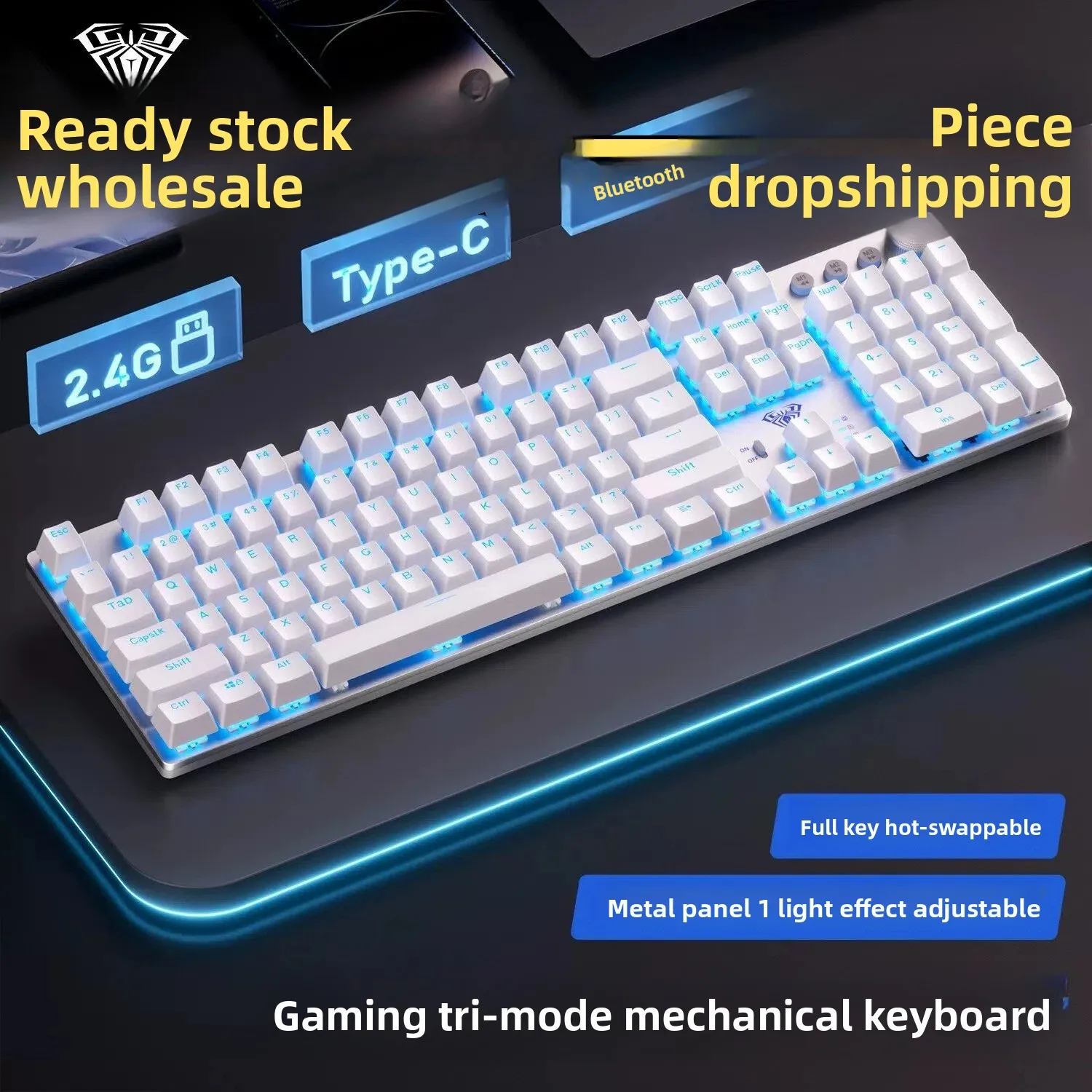 Key Tri-Mode Mechanical Keyboard Blue Switches Rgb Backlight Wireless G Bluetooth Wired Gaming Metal Panel Volume Knob Desktop