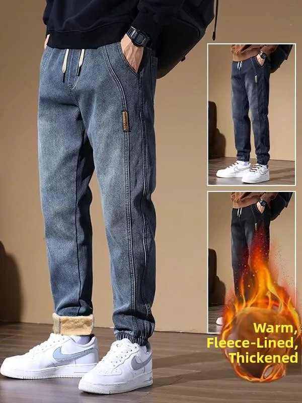 

Thickened Fleece Men's Denim Jeans Winter Warm Outerwear Drawstring Waist Corduroy Harlan Pants Youth Fashion Antimicrobial