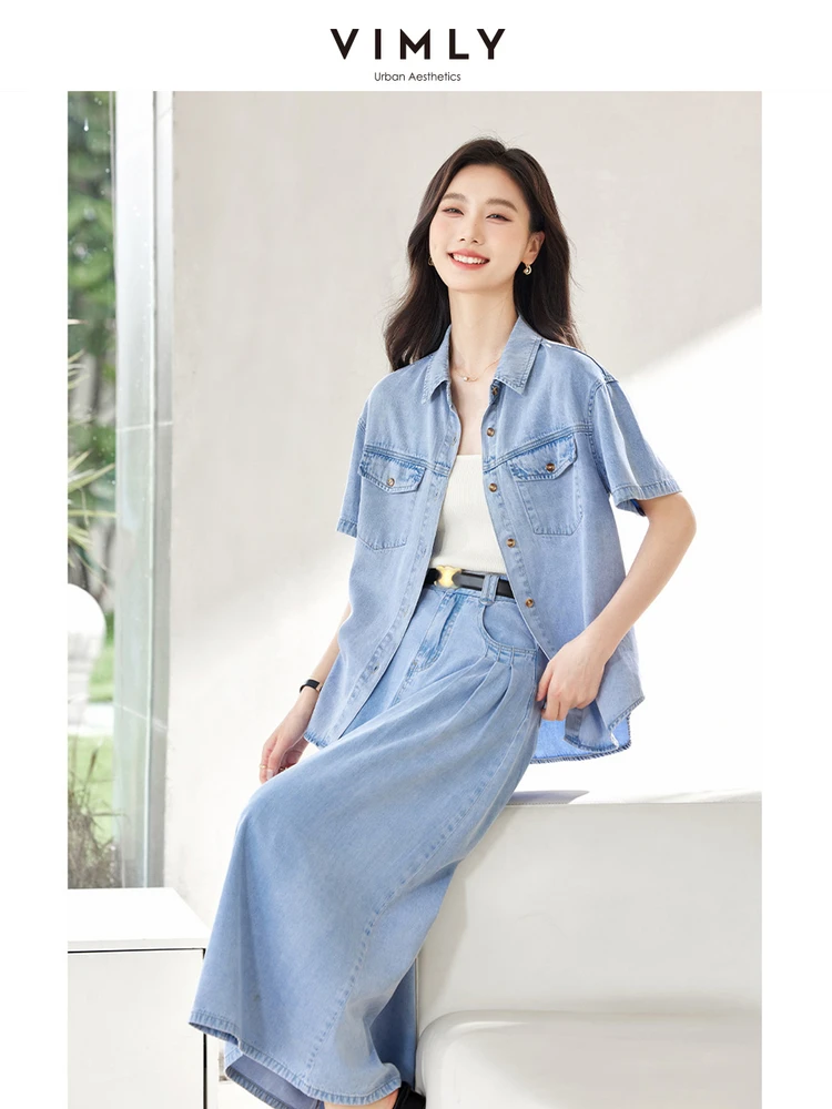 VIMLY Women Vintage Washed Lycra Denim Skirt Set Lapel Pocket Short Sleeve Cardigan Shirt Top+High Waist Skirts 2 Piece Set