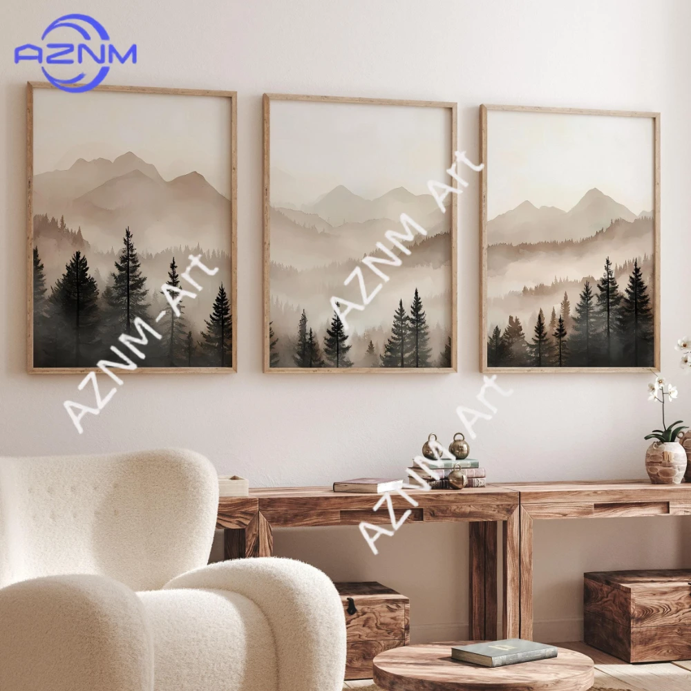Abstraktes Wald- und Berg-Triptychon Kunst Minimalistische Moderne Nebelige Landschaftsdrucke 3er-Set Druckbare Neutrale Natur-Wandkunst Geschenk