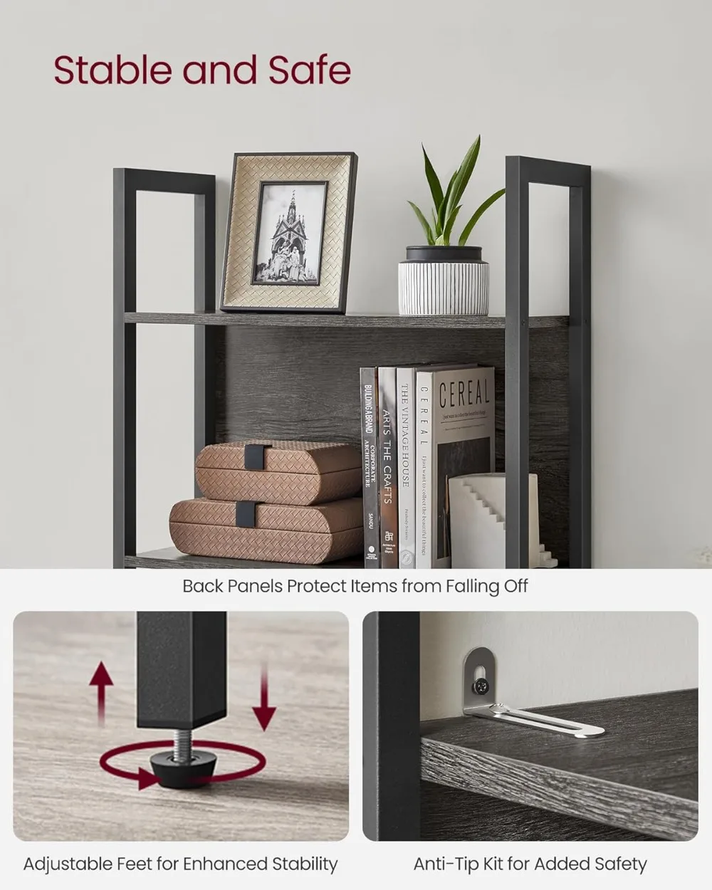 5-Tier Industrial Bookshelf with Steel Frame, 9.4x24.4x65 Inches, Charcoal Gray for Living Room Office