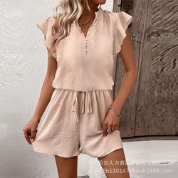 Playsuits Women Solid One Piece V Neck Fly Sleeve Casual Regular Rompers Lace Up Tight High Waist Overalls Short Pants Jumpsuits