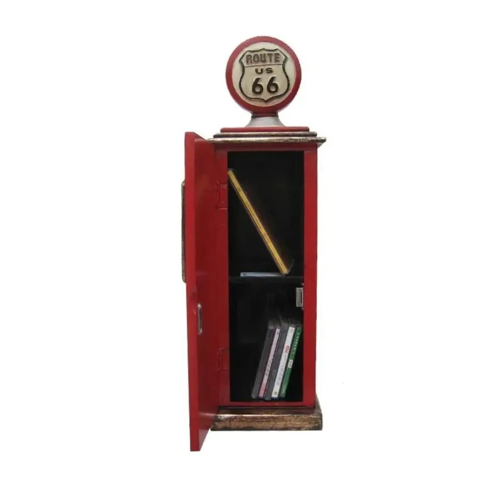 Vintage Gas Pump Model Antique Wooden Storage Cabinet Route 66 Retro Bar Cafe Home Decor Handmade Double Layer DVD CD Rack
