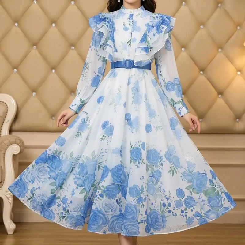 Rustic Floral Large Sleeve Long Dress Women's Holiday Photo Beautiful Fairy Pink Wide Hem Waist Inward Long Dress