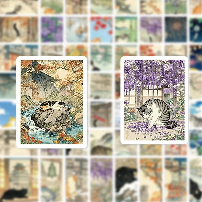 56 Japanese-Style Cat Ukiyo-E Graffiti Stickers, Suitable for Diaries, Laptops, Car Bumpers, Skateboards, Water Bottles, Computer and Phone Decorations, Etc