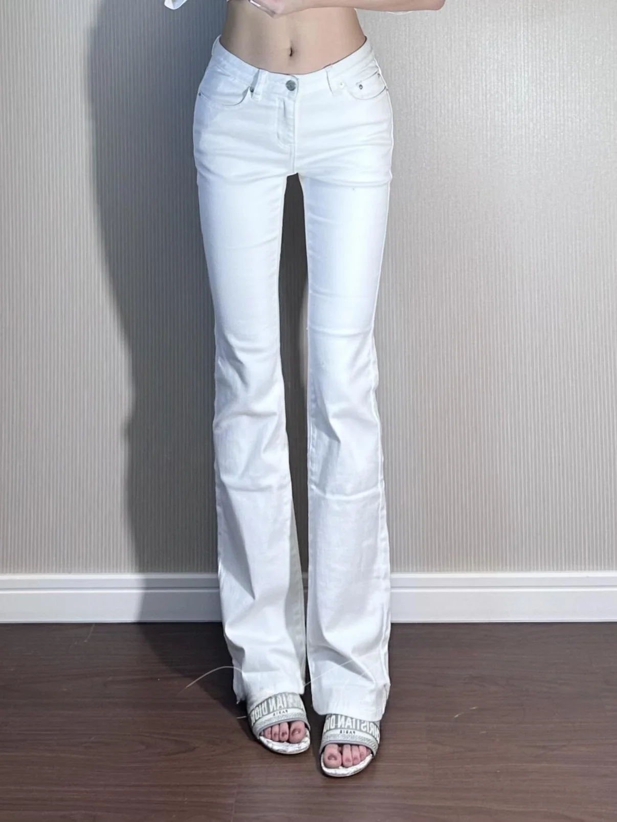 

Slim Fit Low Waist Bell Bot Pants Elastic Casual Sle Zipper Closure Cotton Stretch Denim Ladies Faion Leg Lengthening