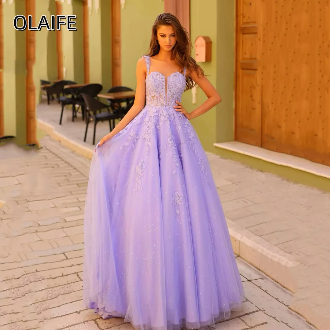 Olaife-Robes de Rhbrillantes avec appliques en dentelle de tulle, longueur au sol en fibre, robe de soirée, corset au dos, tenue de soirée