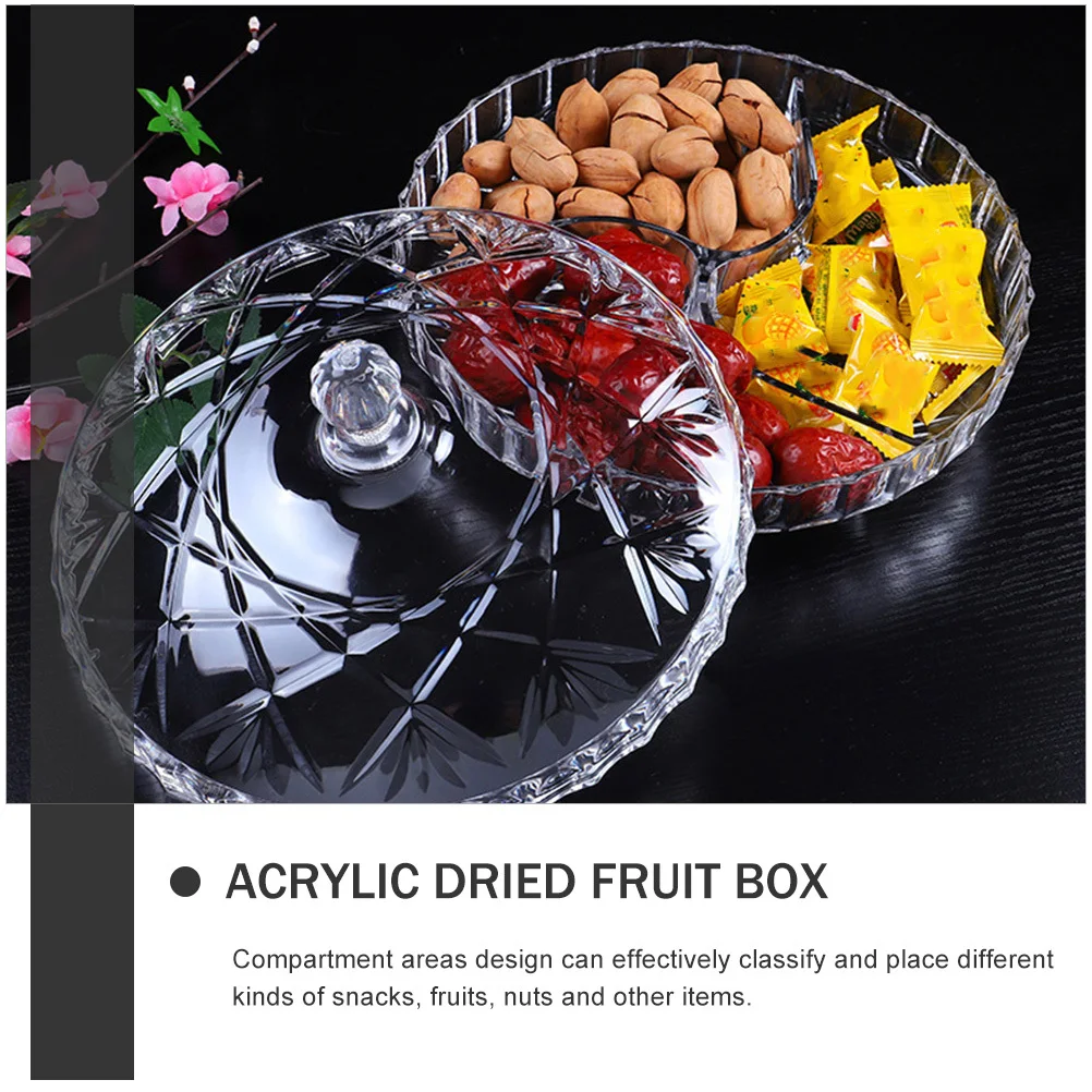 

Round Snack Box 3-Compartment Acrylic Storage Container Transparent Lid for Dried Fruit Candy Nuts Desktop Use