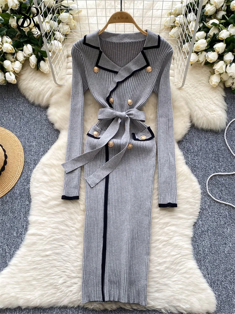 SINGREINY Retro Office Lady Sweater Dress Lapel Neck Long Sleeves Lace Up Skinny Fashion Women Autumn Knitwear Warm Dress