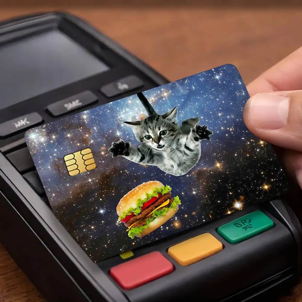 Cosmic Cat Chase Hamburger Meme Credit Card Public Transportation Cards Protective Sticker Waterproof Card Face Decoration 4PCS