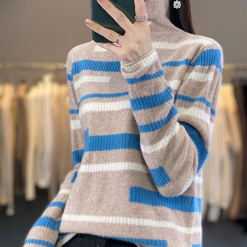 Early autumn pure sweater women's new pile-up collar color matching striped knitted sweater commuter Joker base.