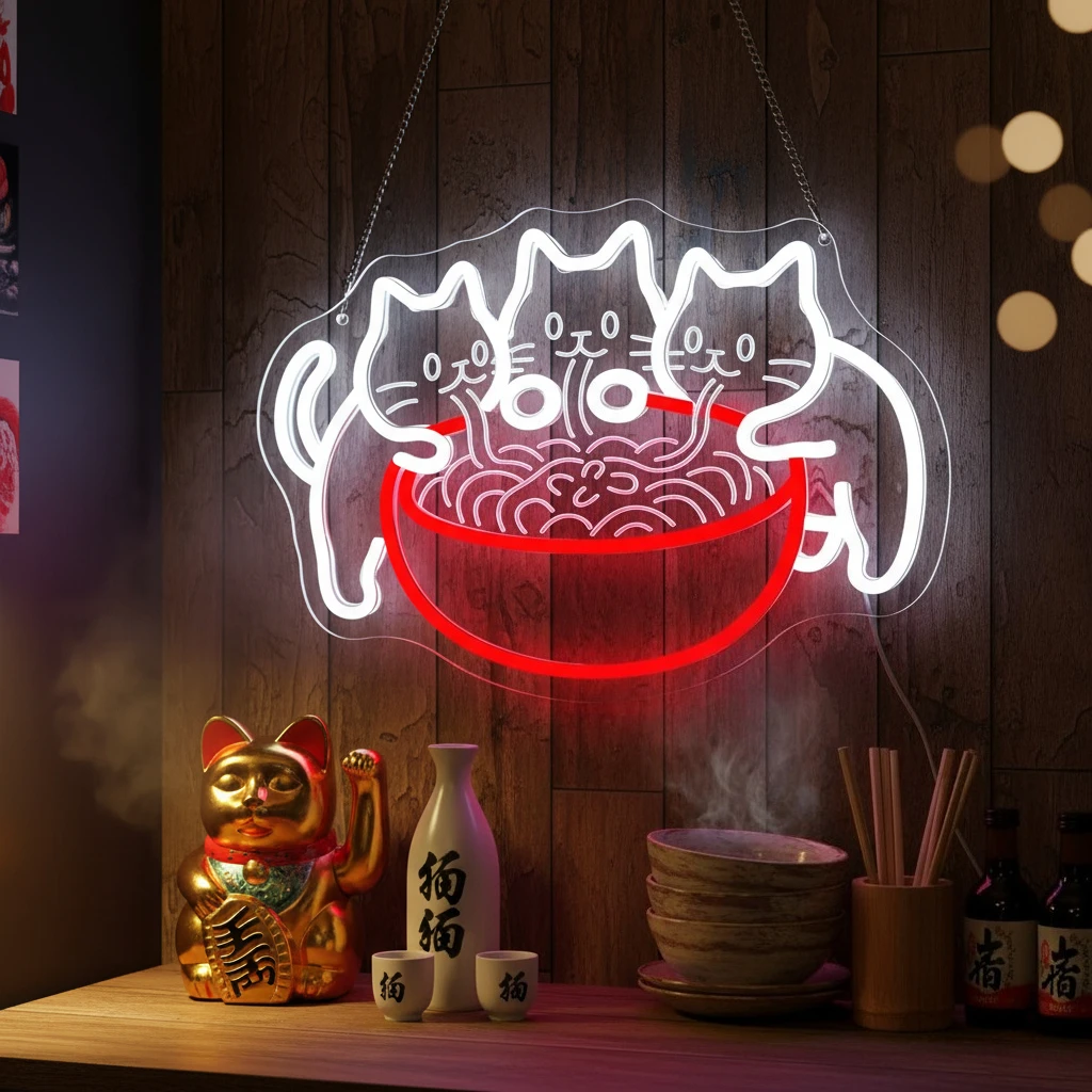 Ramen Cat Noodles Neon Sign - Dimmable Carving LED Light, Wall Decor for Ramen Restaurant, Dining Hall, Kitchen & Man Cave Decor
