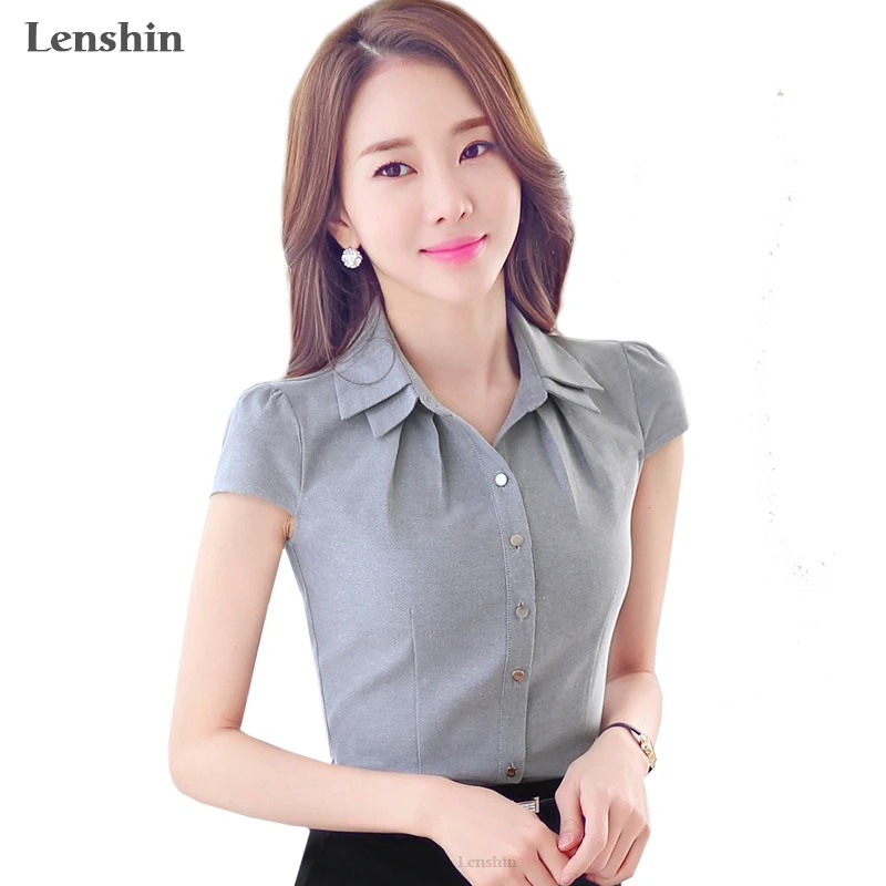 

Lenshin Cotton Shirt Casual Style New Fashion Short Sleeve Gray Blouse Tops Women Summer Wear Office Ladies