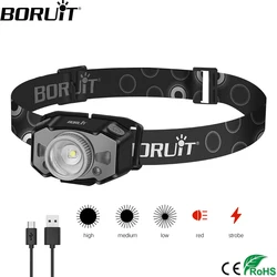 BORUiT B33 Mini Headlamp Red Light LED Motion IR Sensor 5-Modes Zoom Headlight Rechargeable Head Torch Camping Fishing Light