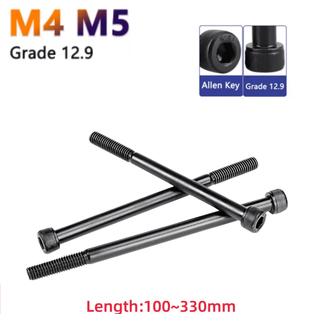 Grade 12.9 M4 M5 Black Hex Socket Head Cap Screw Ultra Long 100 110 115-330mm Half Thread Carbon Steel Allen Bolt Fastener
