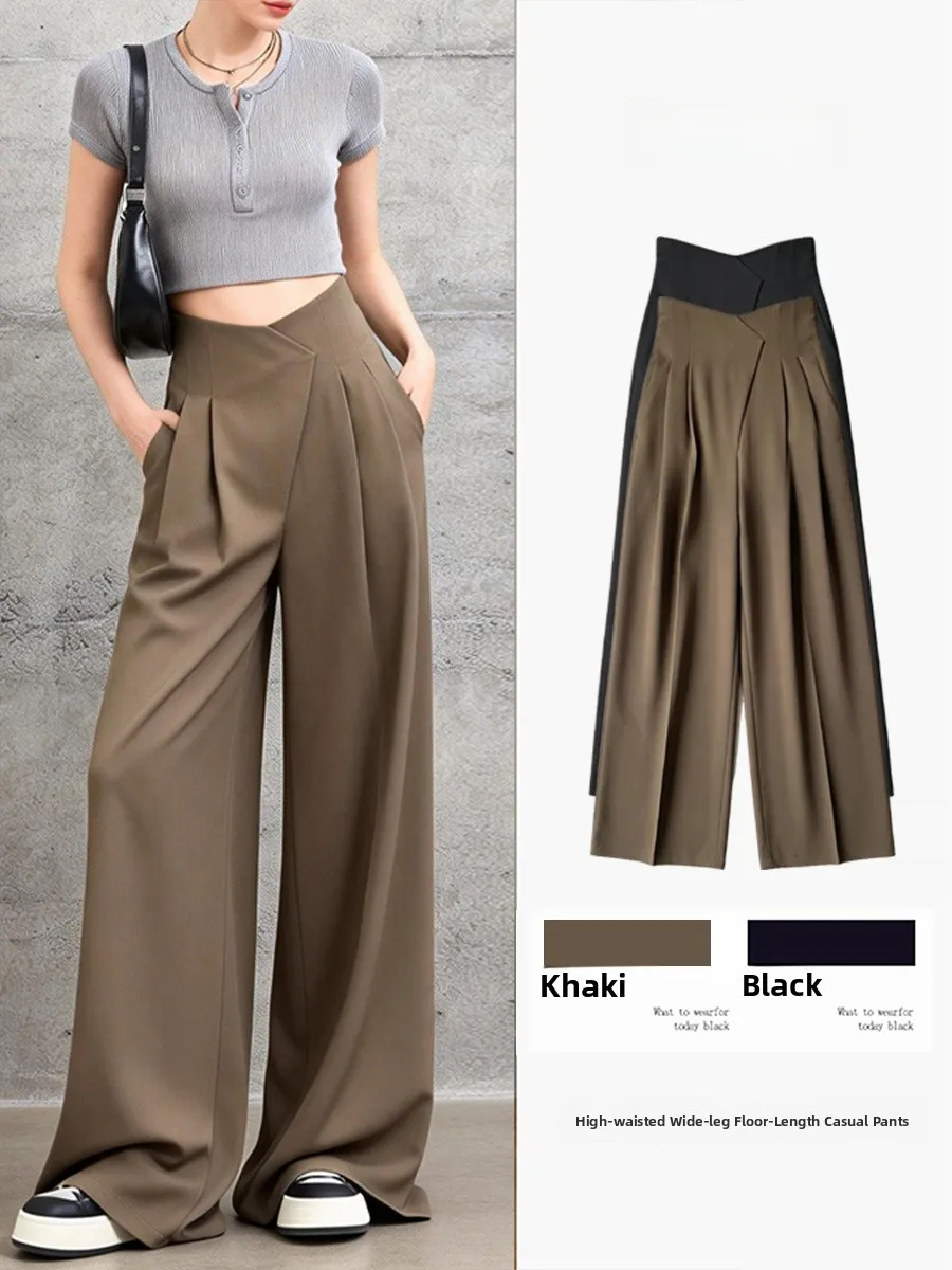 

Khaki Wide Leg Pants Women's Spring Autumn High Waist Drapey Floor-Length Suit Pants Slimming Casual Trousers