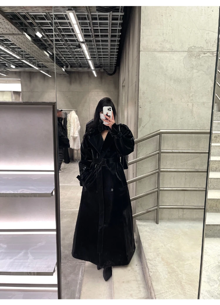Lautaro Spring Autumn Extra Long Oversized Cool Reflective Shiny Black Patent Leather Trench Coat for Women Belt Runway Fashion