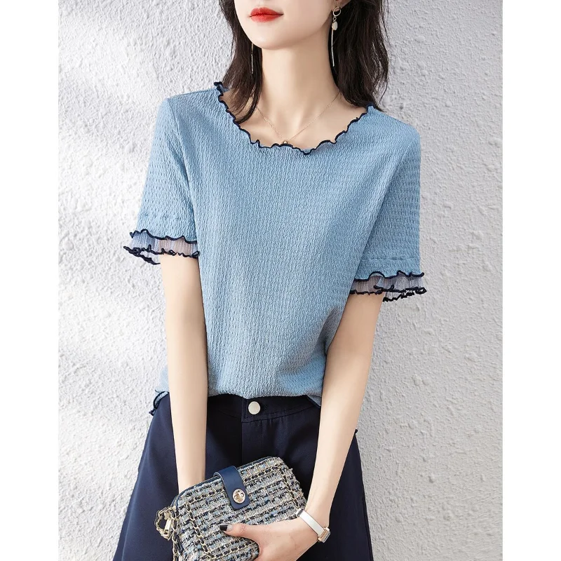 Elegant Texture Design Sense T-shirt Women Classic Summer Short Sleeve Korean Casual All-match O-collar Pullover Lady Top