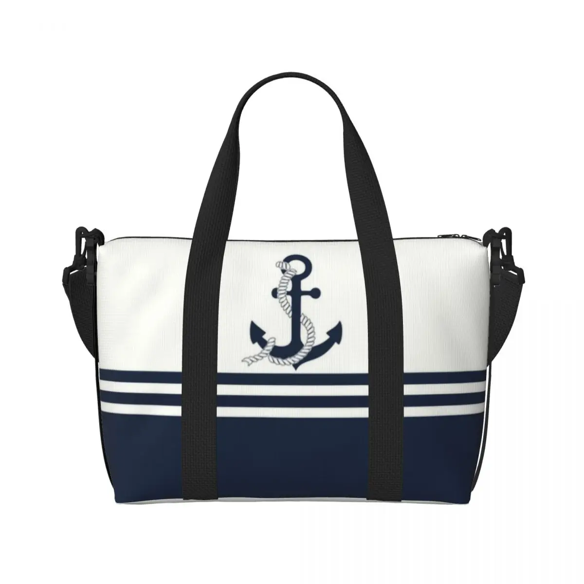 Custom Navy Blue Stripes Nautical Anchor Boat Grocery Tote Shopping Bag Women Big Capacity Gym Beach Travel Bags