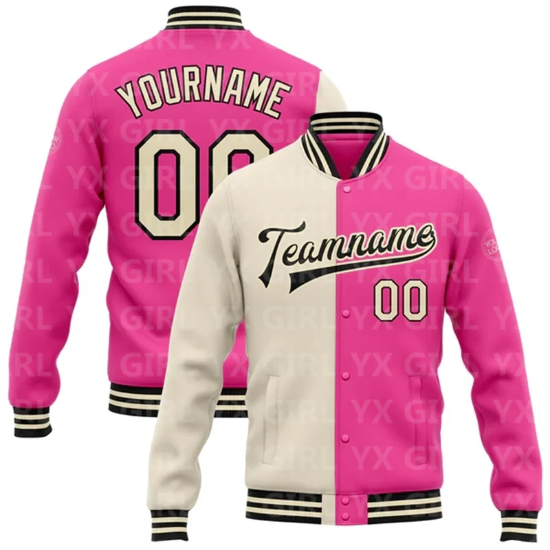 Custom Pink Black-White Bomber Full-Snap Varsity Letterman Two Tone Jacket 3D Printed Baseball Button Jacket