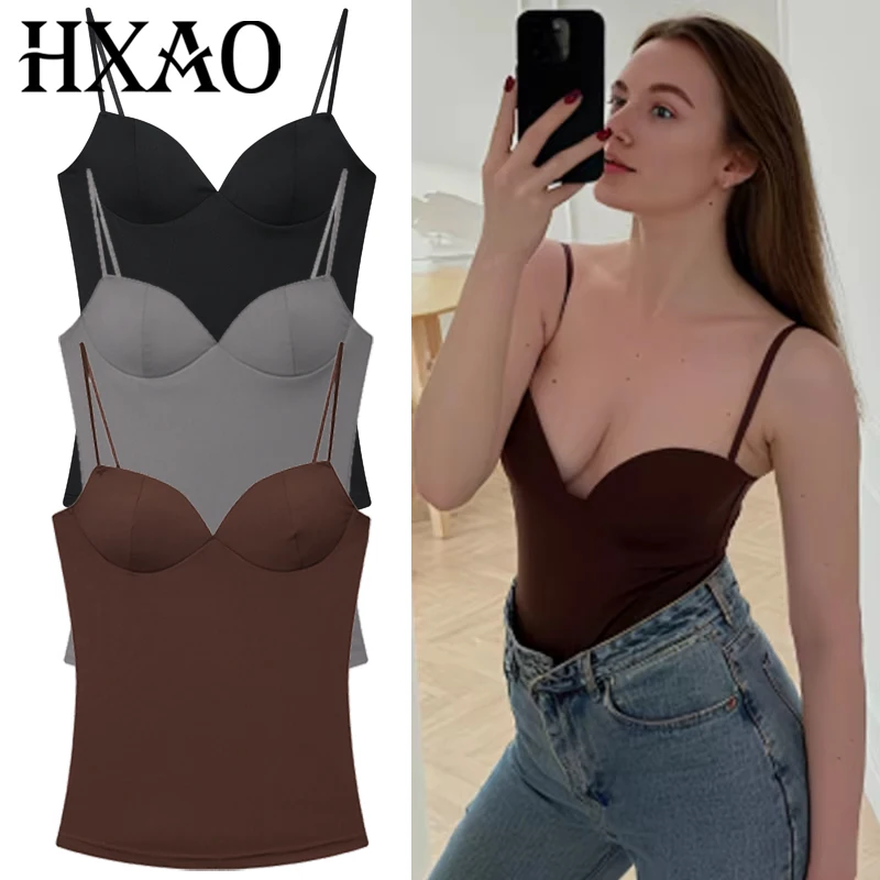 

HXAO Sexy Corset Slip Top Women 2025 Nylon Tanks & Camis Fashion Brown Bra Sleeveless Camisole Elegant Bustier Backless Cup tops