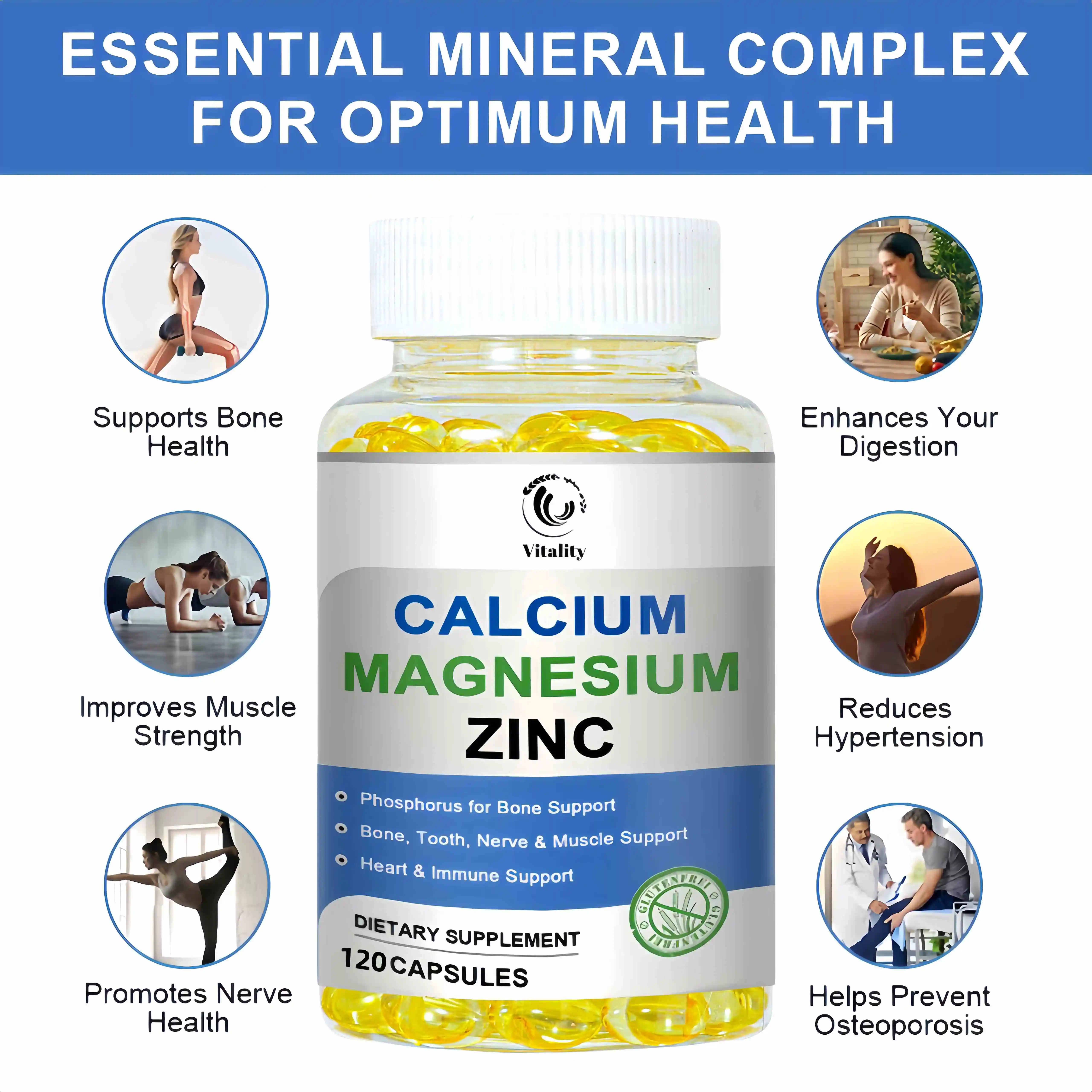 Calcium Magnesium Zinc Supplement, with Cal & Mag Citrate, Strong Bones & Teeth Support, Easy to Swallow Capsules