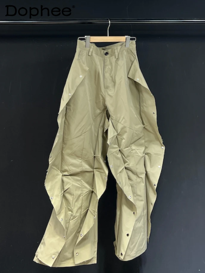 

Men's 2024 Autumn Chic Cargo Pants Khaki Pleated Loose Casual Pants Male Female Personality Straight Overalls Breasted Trousers