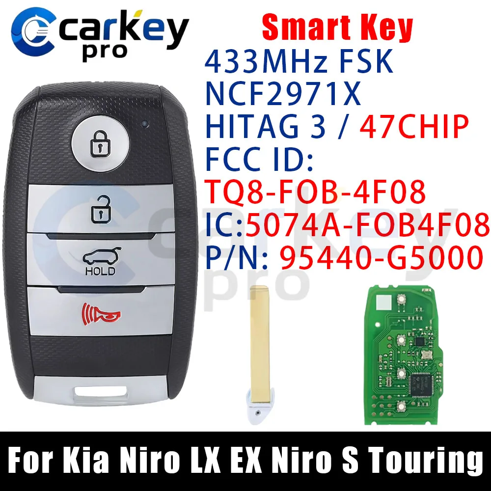Carkeypro 3+1Buttons Smart Key 433Mhz 95440-G5000 NCF2971X / HITAG 3 / 47CHIP TQ8-FOB-4F08 For Kia Niro LX EX Niro S Touring